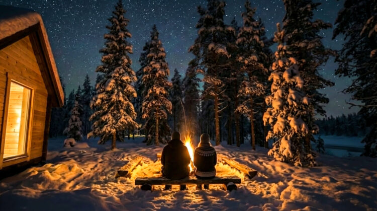 Aila Hideaway - sitting beside fire under the winter sky